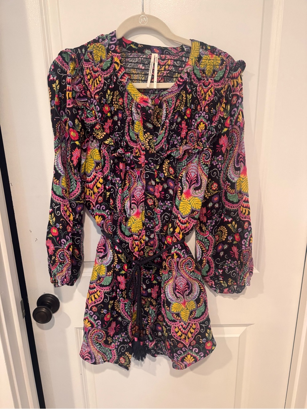 Anthropologie Black Paisley Mini Dress with Pink, Yellow & Green
